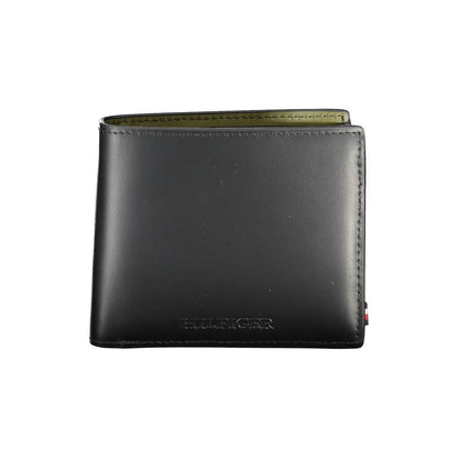 Tommy Hilfiger Black Leather Wallet with 2 compartments, coin purse, card spaces, and contrasting logo details.