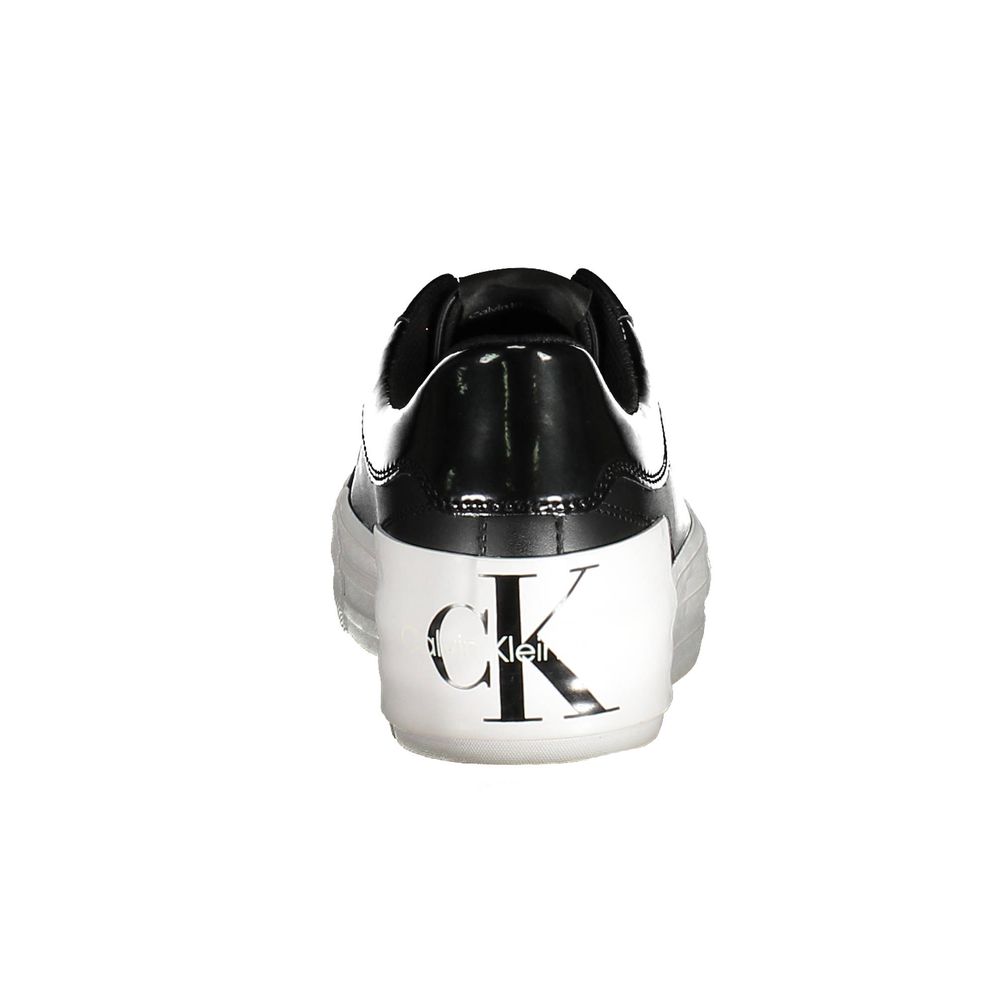 Back view of Calvin Klein Black Polyester Sneaker with logo on platform, featuring laces and contrasting details, made of recycled polyester.