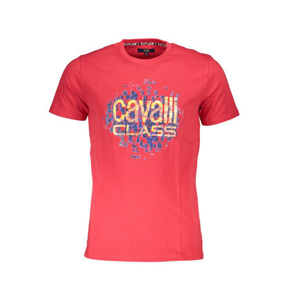 Cavalli Class Red Cotton Men T-Shirt with bold print, crew neck, short sleeves, fashion-forward design.