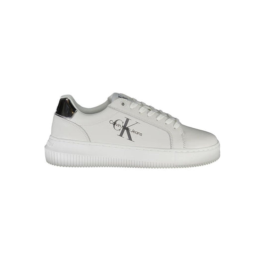 Calvin Klein White Polyester Sneaker with laces and contrasting sole, featuring print and logo made from recycled polyester.