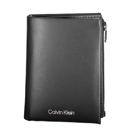 Calvin Klein Black Leather Men Wallet showcasing sleek design and durable leather with card compartments and coin purse.