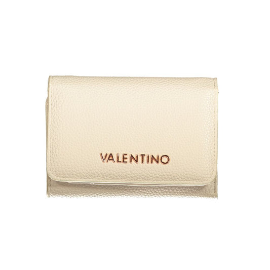 Mario Valentino Beige Polyethylene Wallet with logo, three compartments, coin purse, card spaces, zip, and automatic closure.