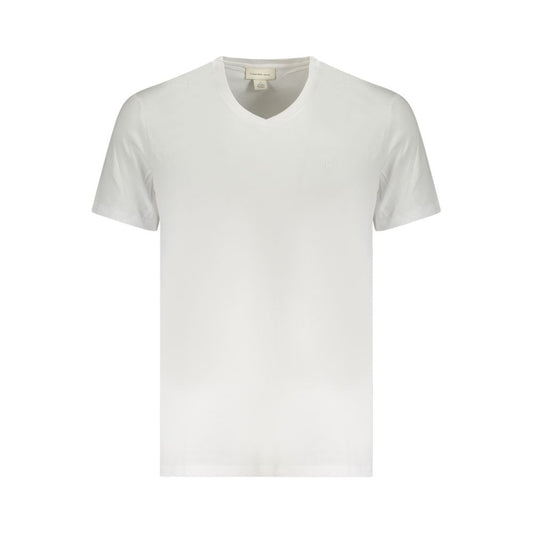 Calvin Klein White Cotton Men T-Shirt with V-neck and logo embroidery, made from breathable cotton for comfort and style.