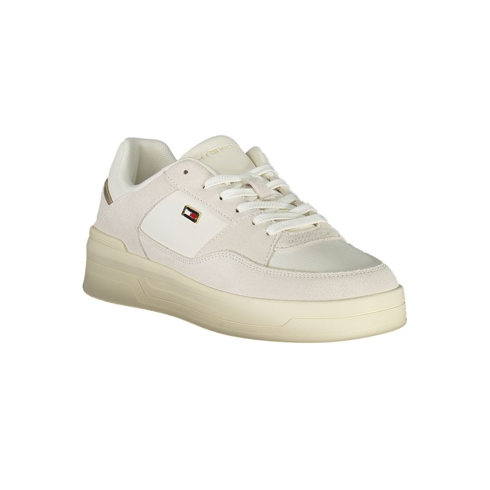 Tommy Hilfiger White Leather Women Sneaker with sporty aesthetic and classic design, featuring removable footbed for comfort.
