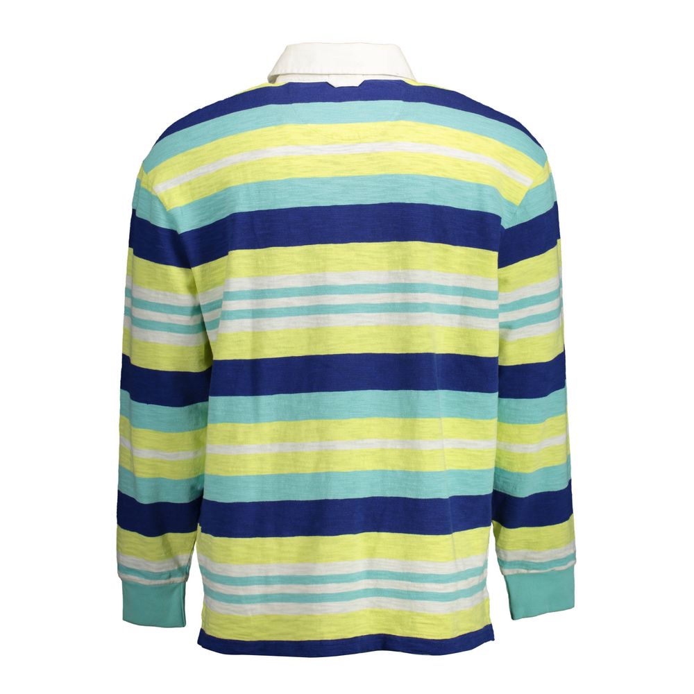 Back view of a striped long sleeve polo shirt in yellow, blue, and green. Gant Yellow Cotton Men Polo Shirt for stylish comfort.