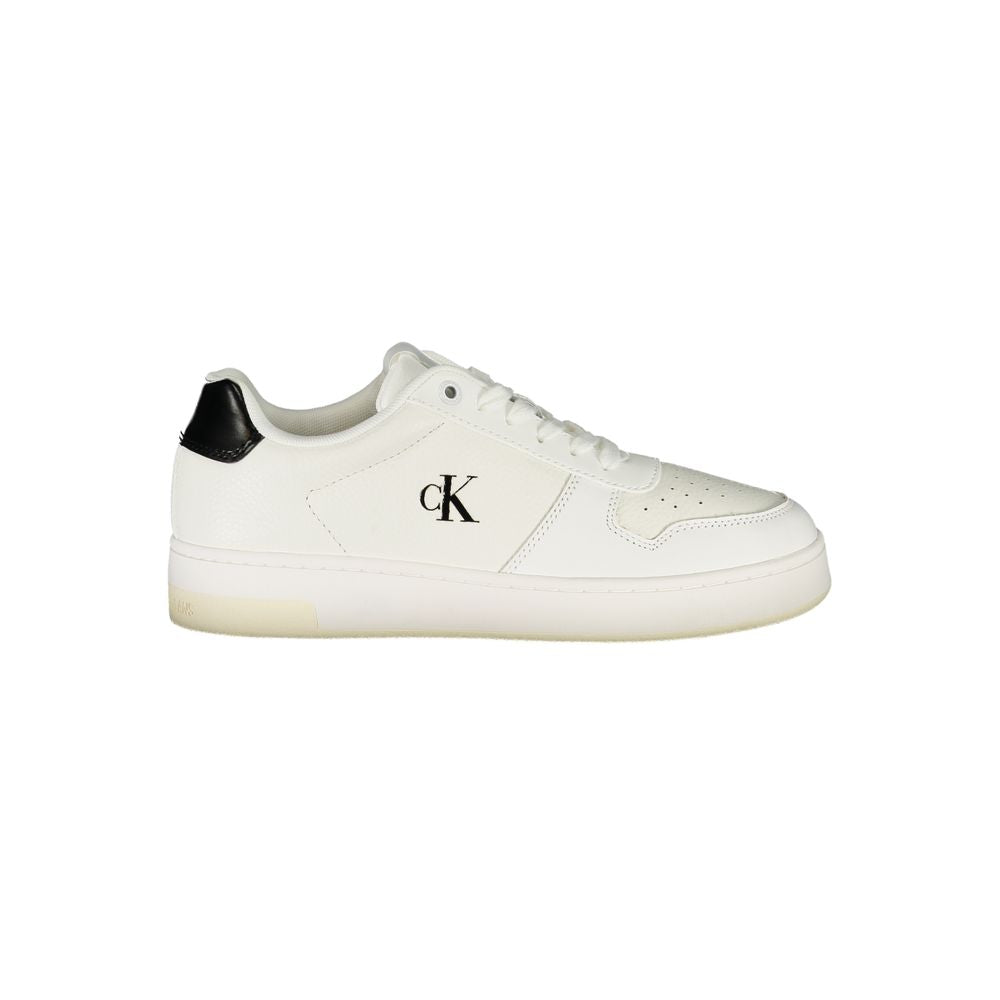 Calvin Klein White Leather Women Sneaker with black accents and iconic logo, featuring removable footbed for comfort.