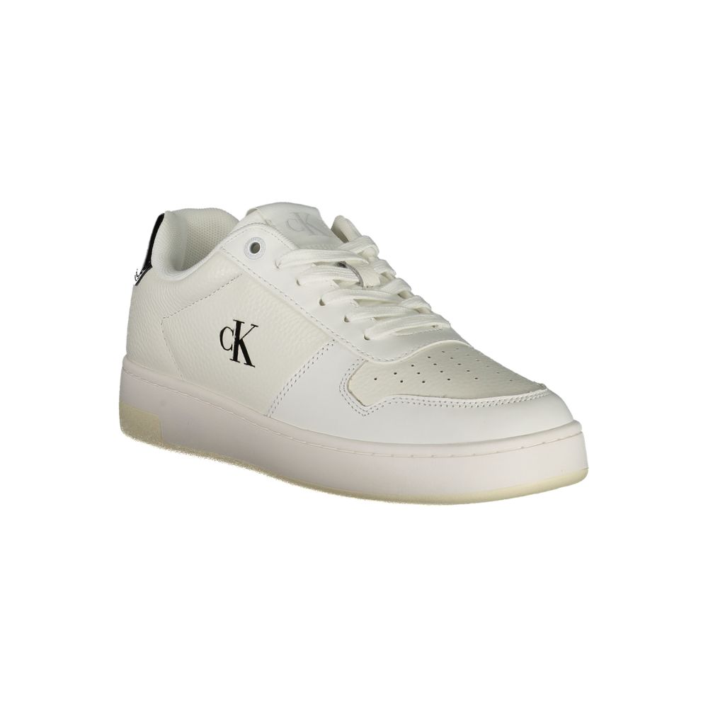Calvin Klein White Leather Women Sneaker with black contrasts and Calvin Klein logo, featuring a removable footbed for comfort.