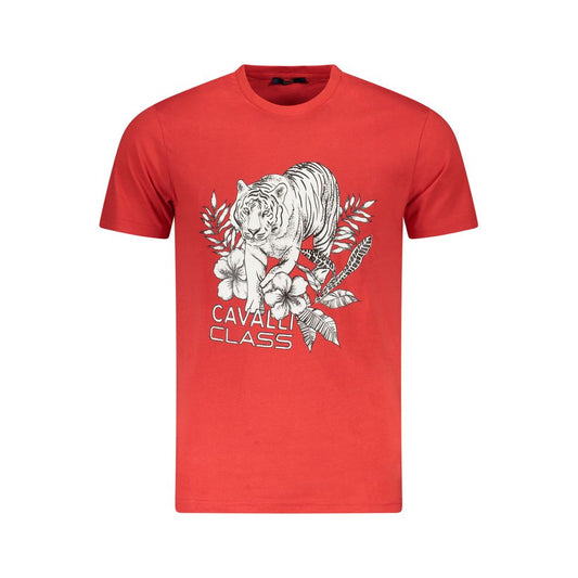 Cavalli Class Red Cotton Men T-Shirt with tiger print and logo, luxury casual attire