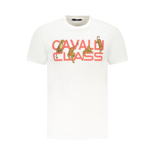 Cavalli Class White Cotton Men T-Shirt with bold print and Cavalli logo on front