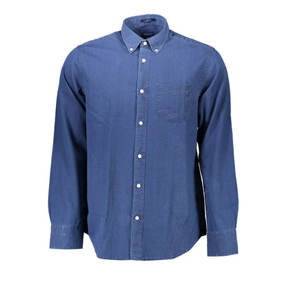 Gant Blue Cotton Men Shirt with button-down collar and chest pocket, perfect for office wear or casual occasions.