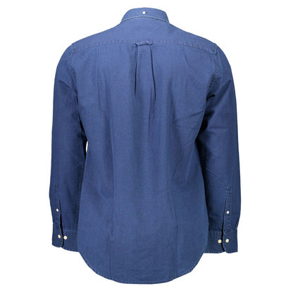 Back view of Gant Blue Cotton Men Shirt with button-down collar and chest pocket, perfect for office wear or upscale casual occasions.