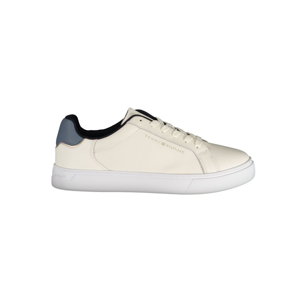Tommy Hilfiger Beige Leather Women Sneaker with blue accents and iconic logo, showcasing preppy style and durability for fashion-conscious individuals.