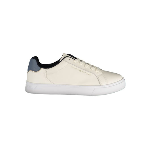 Tommy Hilfiger Beige Leather Women Sneaker with blue accents and iconic logo, showcasing preppy style and durability for fashion-conscious individuals.
