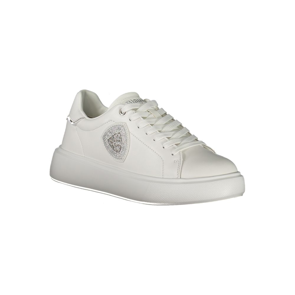 Blauer White Leather Women Sneaker with silver rhinestone accents and logo, featuring a removable insole for comfort.