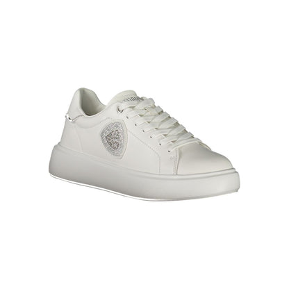 Blauer White Leather Women Sneaker with silver rhinestone accents and logo, featuring a removable insole for comfort.