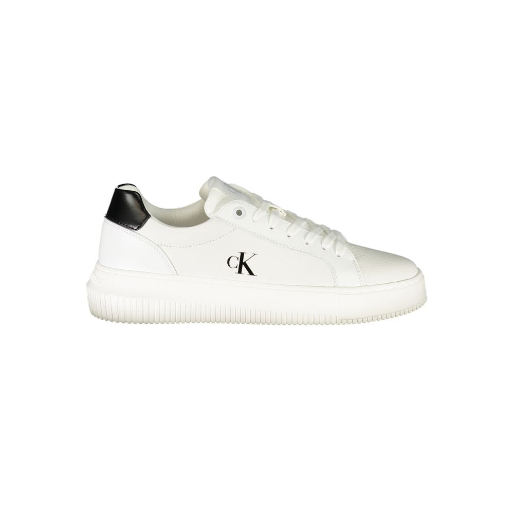 Calvin Klein White Leather Women Sneaker with black details and logo, stylish lace-up design.