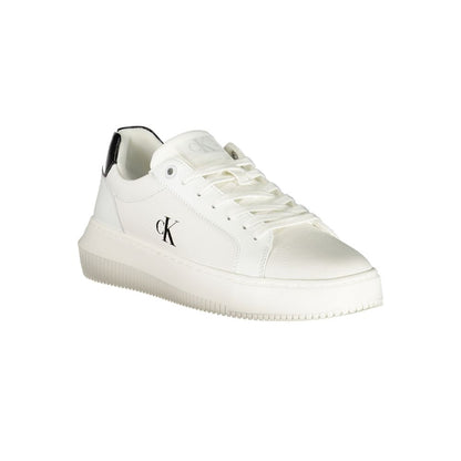 Calvin Klein White Leather Women Sneaker with black trim, featuring CK logo and removable footbed, perfect for style-conscious trendsetters.