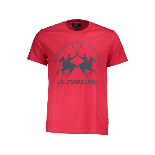 La Martina Red Cotton Men T-Shirt with print and logo, classic crew neck, short sleeve, stylish and comfortable fashion piece.