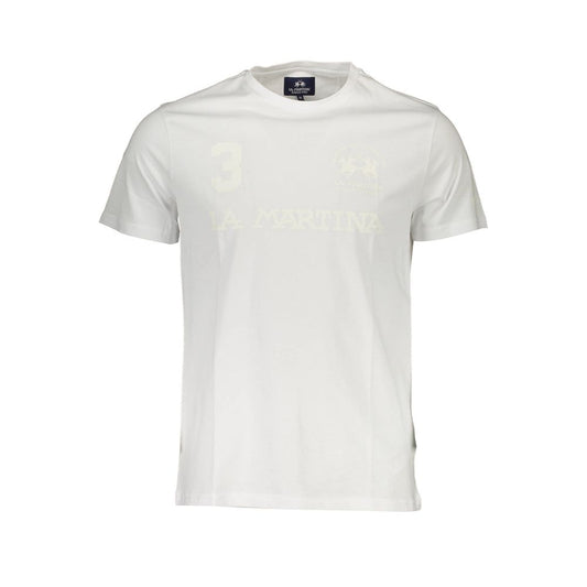 La Martina White Cotton Men T-Shirt with logo print, crew neck, and short sleeves, made from soft cotton for comfortable, stylish wear.