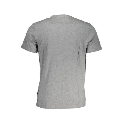 Rear view of grey cotton men's T-shirt displaying simple back design.