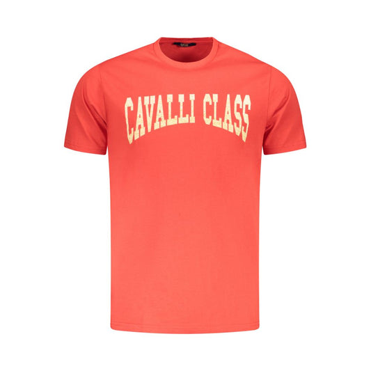 Cavalli Class Red Cotton Men T-Shirt with bold print and iconic logo, high-fashion Italian design, made from premium cotton for comfort and style.
