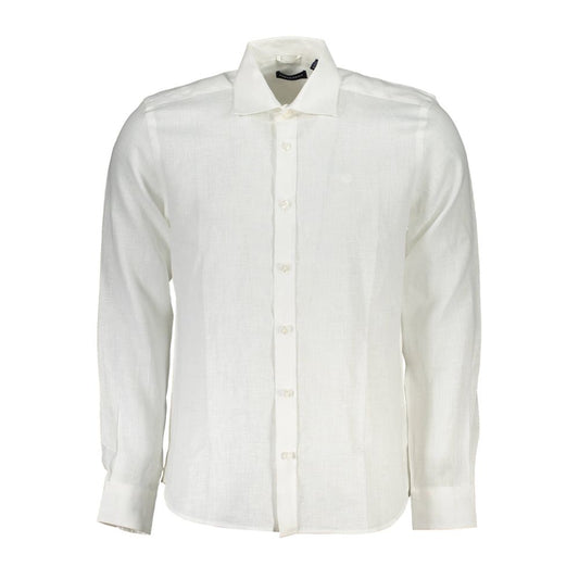 North Sails White Linen Men Shirt featuring Italian collar and 1-button cuffs for a sophisticated look.