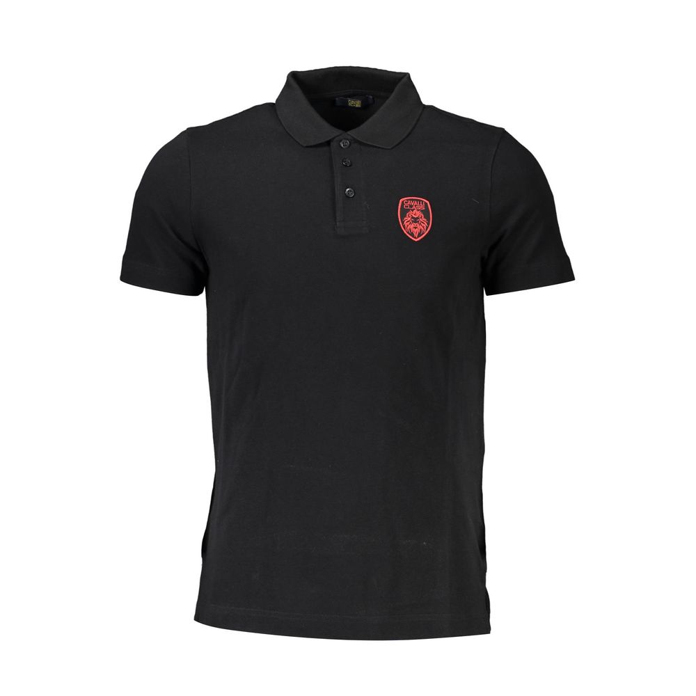 Cavalli Class Black Cotton Men Polo Shirt with red embroidery logo, sophisticated and timeless for the modern man.