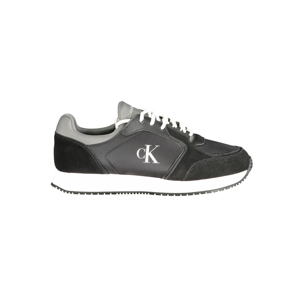 Calvin Klein Black Leather Men Sneaker with logo, black and grey design, stylish and comfortable sports shoes for modern men.