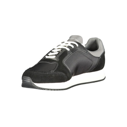 Calvin Klein Black Leather Men Sneaker with white laces, sleek black design, and grey accents for stylish comfort and customization.