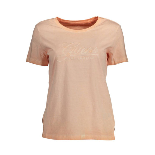 Guess Jeans Pink Cotton Women T-Shirt with embroidery on the front, wide neckline, perfect for casual or trendy occasions.
