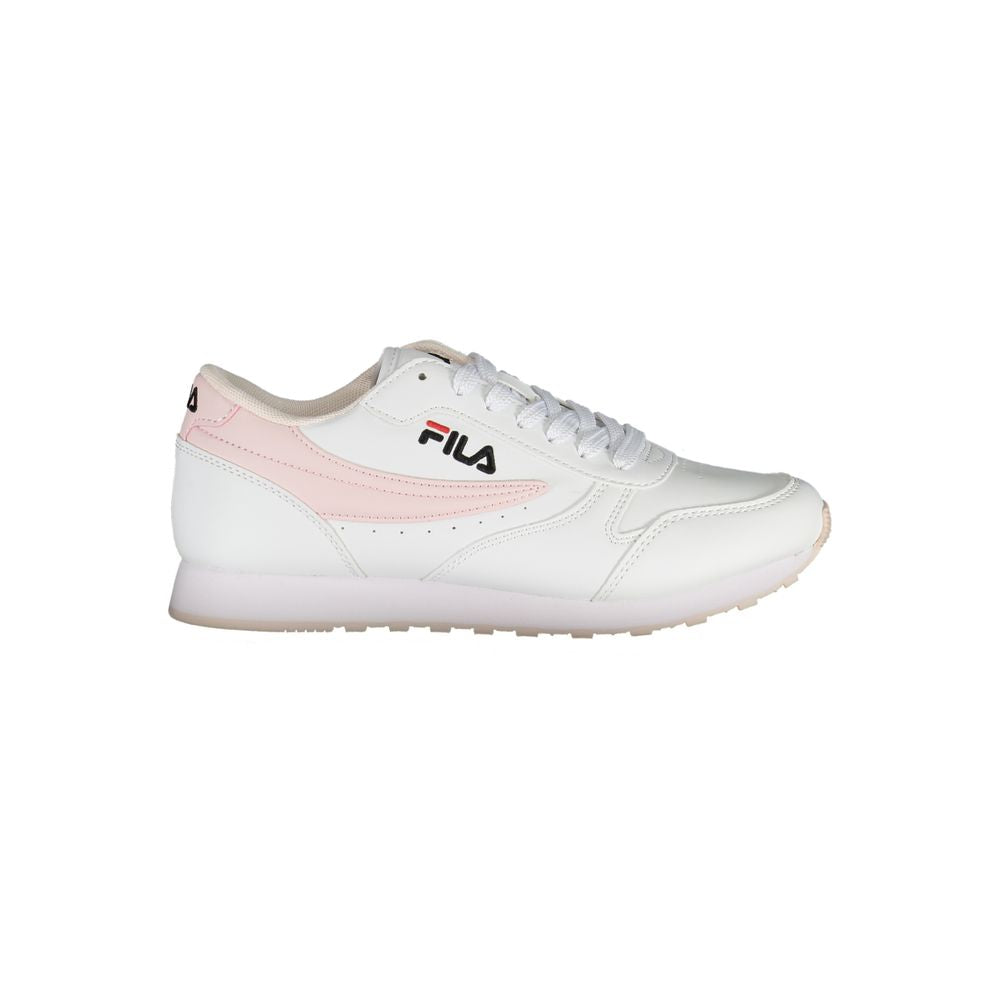 Fila White Synthetic Women Sneaker with contrasting pink detail and iconic logo on side view
