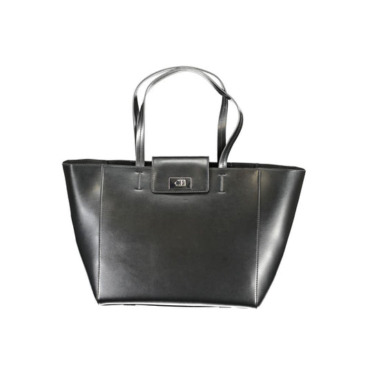 Calvin Klein Black Polyester Handbag with two shoulder handles, internal pocket, snap closure, and logo, made from recycled polyester.