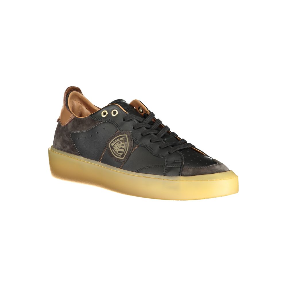 Blauer Black Leather Men Sneaker with lace-up design and contrasting details on white background