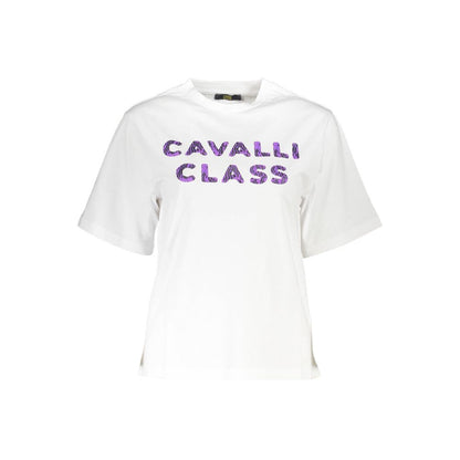 Cavalli Class White Cotton Women T-Shirt with bold logo, short sleeves, and round neck, made from high-quality cotton.
