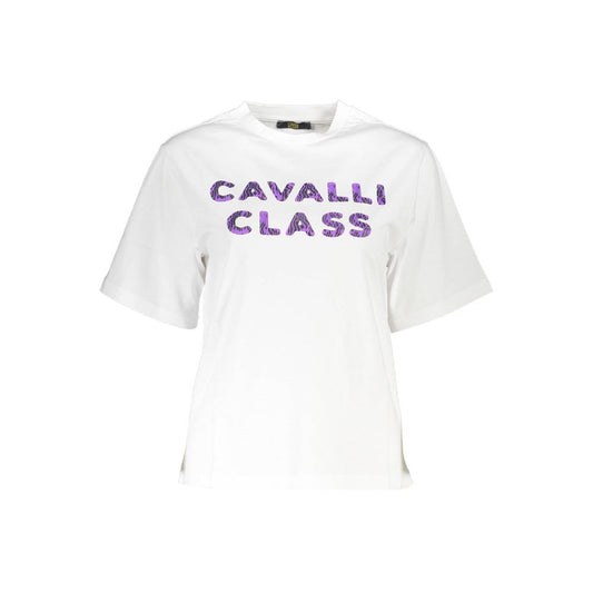 Cavalli Class White Cotton Women T-Shirt with bold logo, short sleeves, and round neck, made from high-quality cotton.
