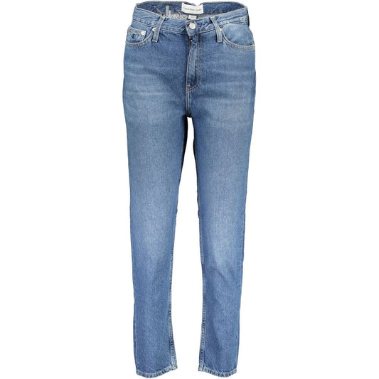 Calvin Klein Blue Cotton Women Jeans with faded effect and embroidery, high-waist style, made with 20% recycled cotton, sustainable fashion