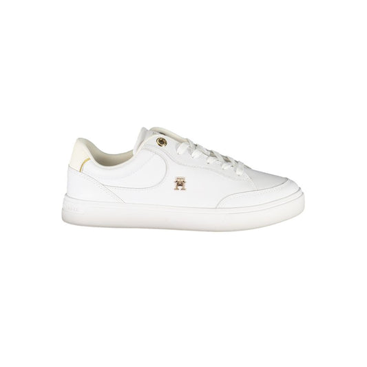 Tommy Hilfiger White Leather Women Sneaker with iconic logo and ivory accents, featuring a comfortable removable insole for modern chic style.