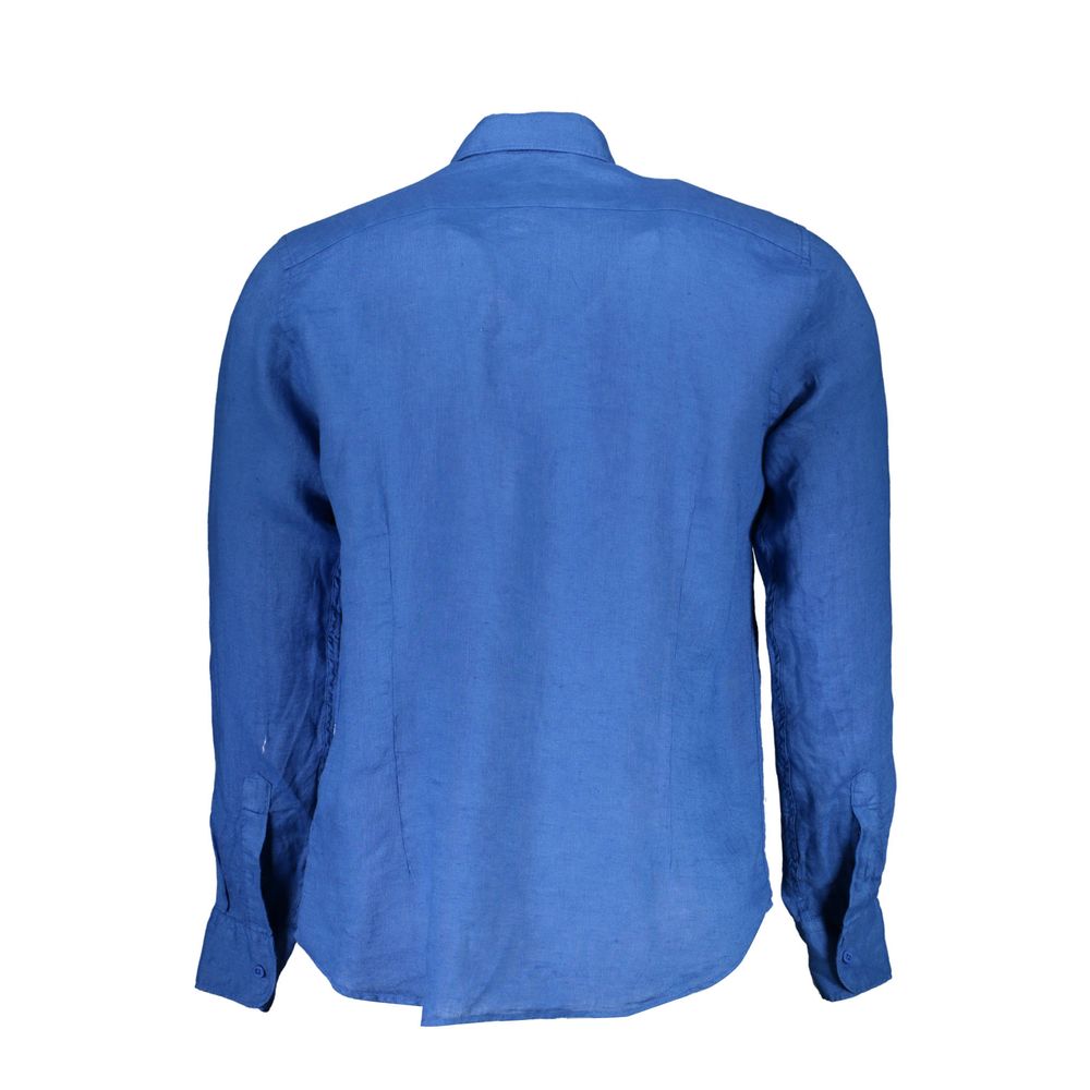 La Martina Blue Linen Men Shirt with French collar and long sleeves, back view showcasing elegant design and fine craftsmanship.