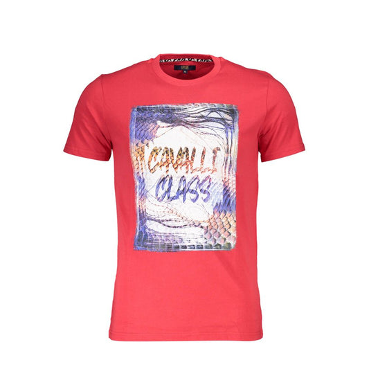 Cavalli Class Red Cotton Men T-Shirt featuring bold logo print and short sleeves, ideal for fashion-forward statements.