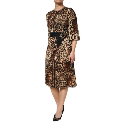 Dolce & Gabbana Brown Leopard Print Belted A-line Midi Dress