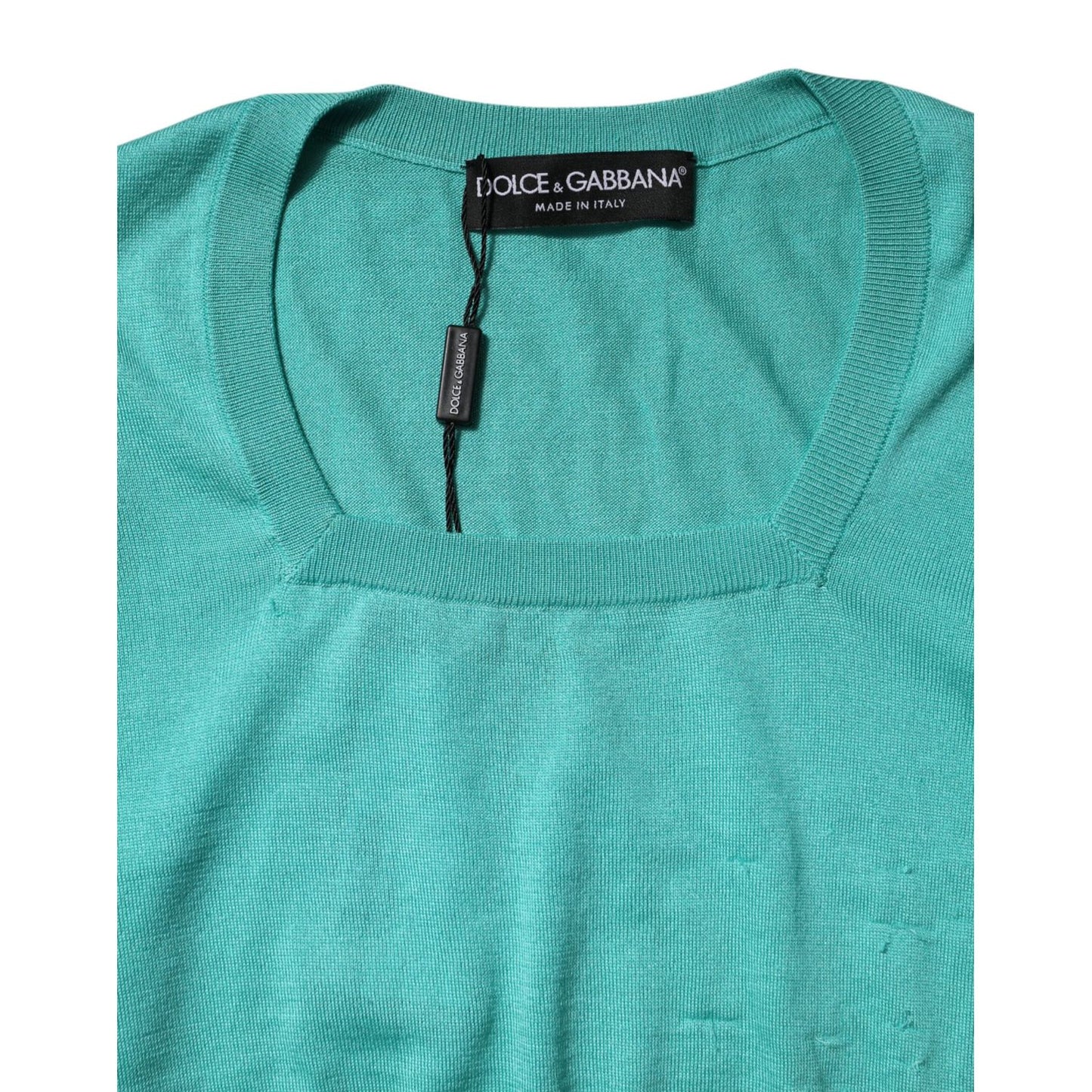 Dolce & Gabbana Aqua Blue Silk Short Sleeves Square Neck Top