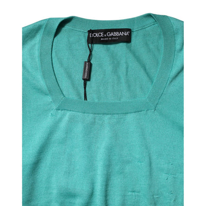 Dolce & Gabbana Aqua Blue Silk Short Sleeves Square Neck Top
