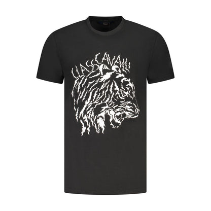 Cavalli Class Black Cotton Men T-Shirt with bold print and logo, high-end streetwear style, crafted for comfort and luxury appeal.
