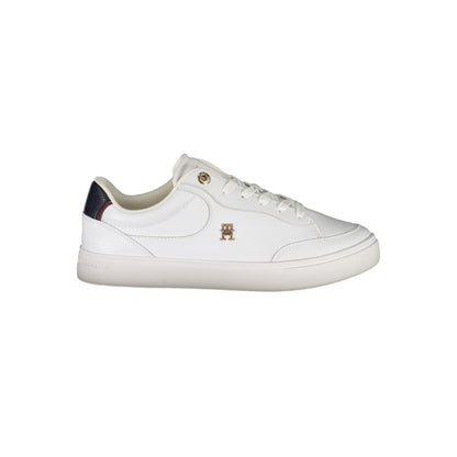 Tommy Hilfiger White Leather Women Sneaker with blue accents and logo, featuring a classic lace-up design for style and comfort.