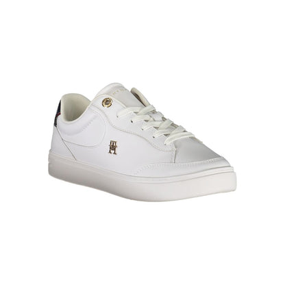 Tommy Hilfiger White Leather Women Sneaker with lace-up design and blue accents, featuring iconic Tommy logo.