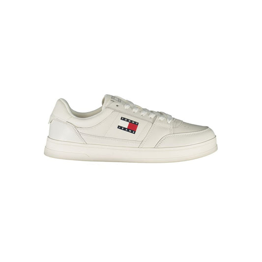 Tommy Hilfiger White Leather Men Sneaker with iconic logo for style and comfort, perfect for sports or streetwear fashion.