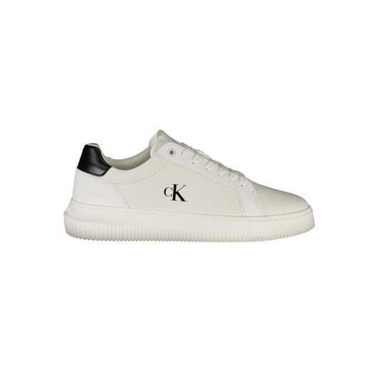 Calvin Klein White Leather Men Sneaker with black accents and iconic CK logo, featuring a modern design and removable footbed for comfort.