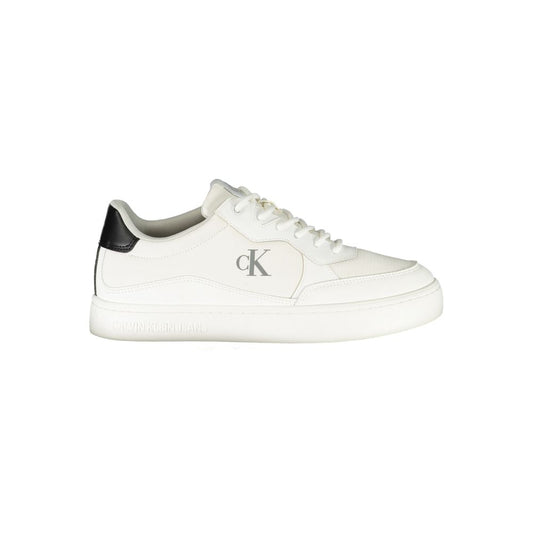 Calvin Klein White Polyester Men Sneaker with black accents and CK logo, showcasing a sleek and stylish design.