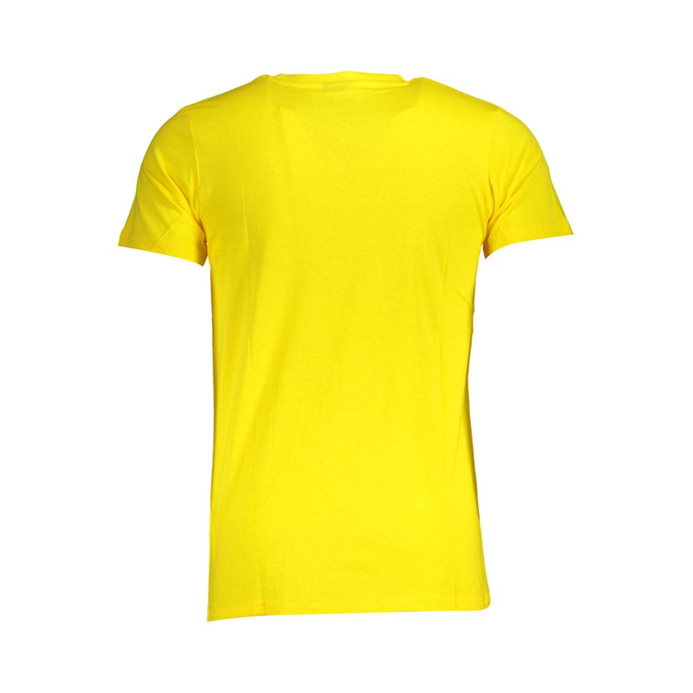 Back view of Norway 1963 Yellow Cotton Men T-Shirt, showcasing vibrant yellow fabric and short sleeves.