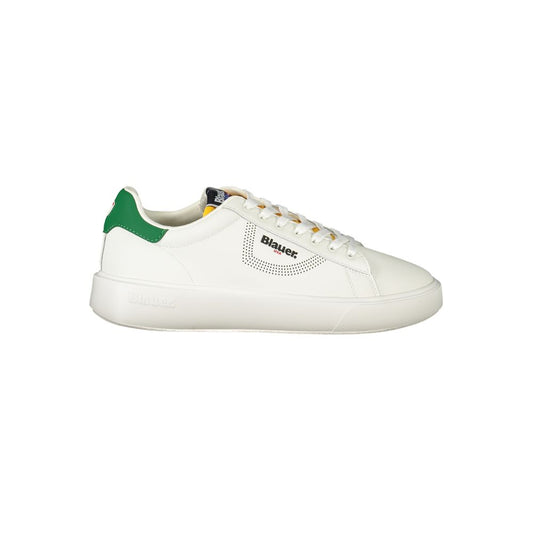 Blauer White Leather Men Sneaker with green accents and dynamic print, showcasing trendy street style and comfort.